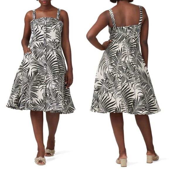 Hutch Aidy Black Ivory Jacquard Palm Frond Sleeveless A-Line Midi Dress Sz 16W - Picture 1 of 12